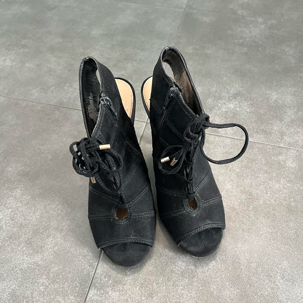 Black suede open toed heeled booties